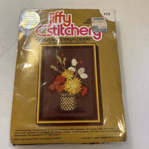 Vintage Jiffy Stitchery EMBROIDERY KIT Thistles and Strawflowers 1978 New - Picture 1 of 3